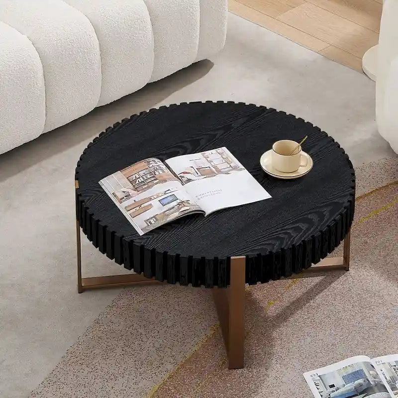 Walnut / Black / Natural Round Drum Coffee Table – 31.5" Pedestal Base, 1-Piece