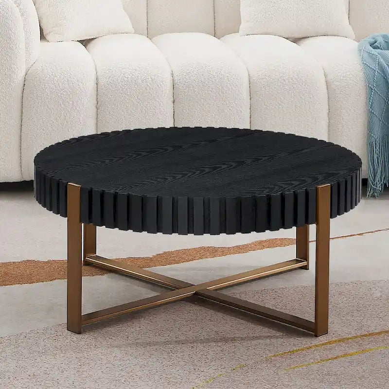 Walnut / Black / Natural Round Drum Coffee Table – 31.5" Pedestal Base, 1-Piece
