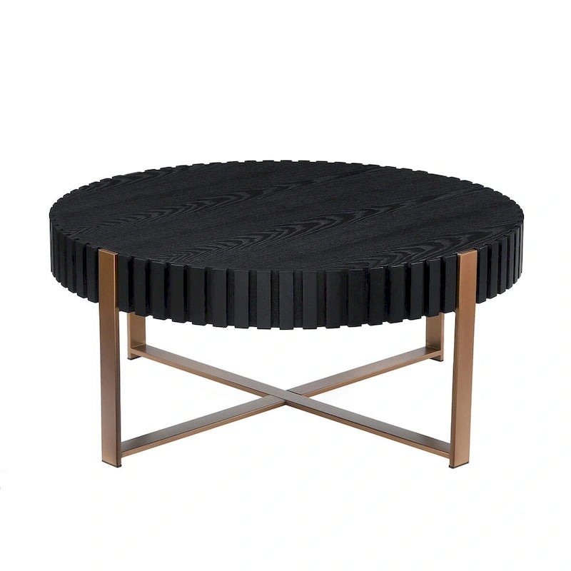 Walnut / Black / Natural Round Drum Coffee Table – 31.5" Pedestal Base, 1-Piece