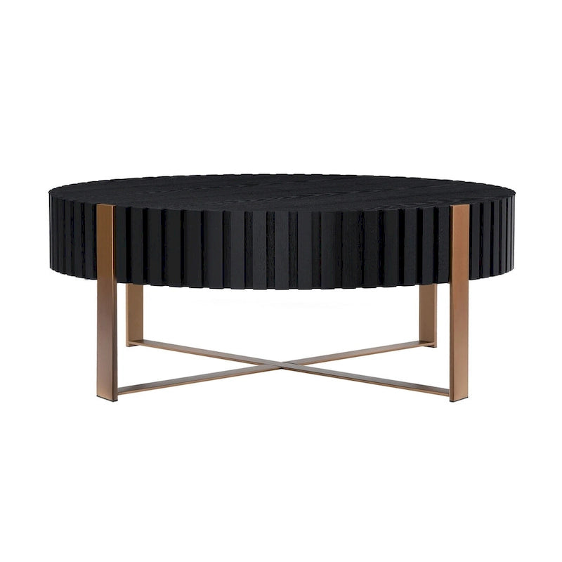 Walnut / Black / Natural Round Drum Coffee Table – 31.5" Pedestal Base, 1-Piece