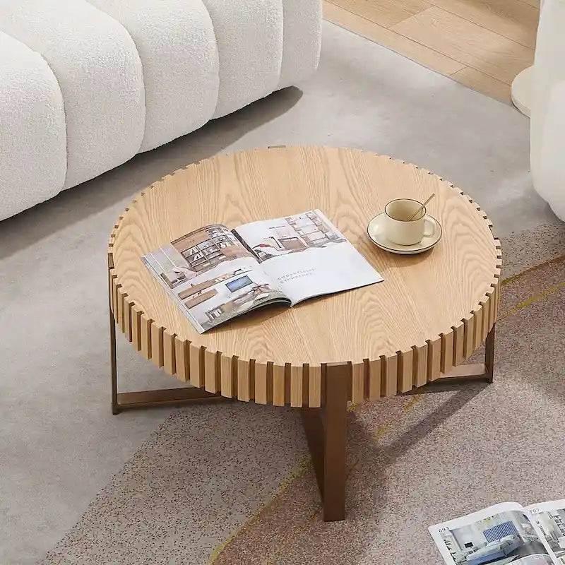 Walnut / Black / Natural Round Drum Coffee Table – 31.5" Pedestal Base, 1-Piece