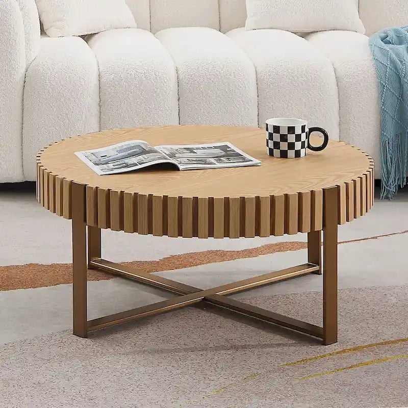 Walnut / Black / Natural Round Drum Coffee Table – 31.5" Pedestal Base, 1-Piece