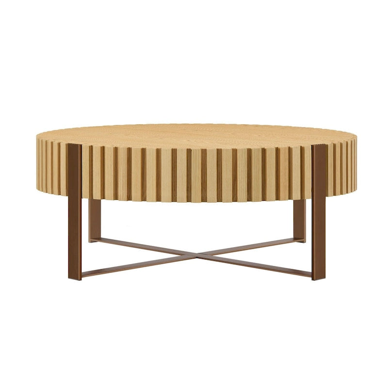 Walnut / Black / Natural Round Drum Coffee Table – 31.5" Pedestal Base, 1-Piece