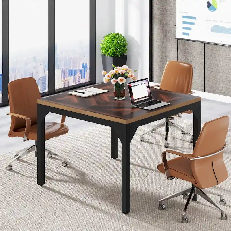 Black & Brown Square Office Desk, Single-Person, Metal Frame, 39" x 39"