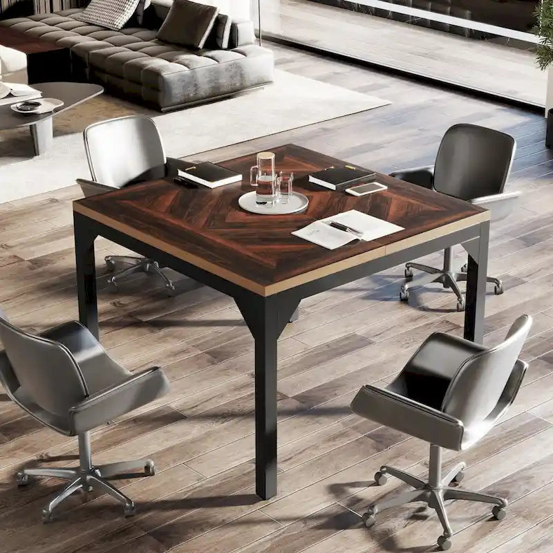 Black & Brown Square Office Desk, Single-Person, Metal Frame, 39" x 39"