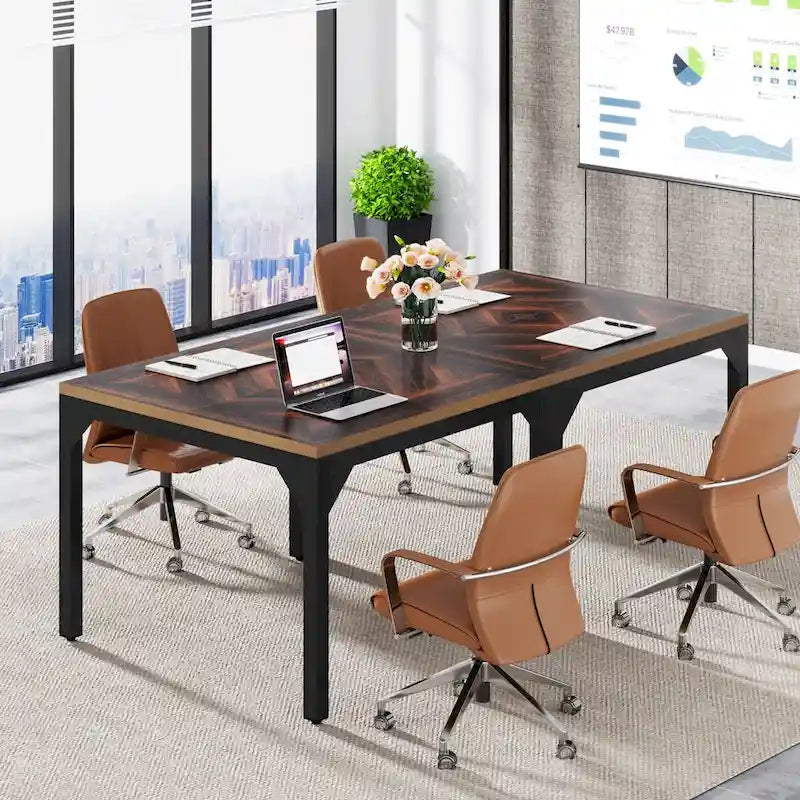 Black & Brown Square Office Desk, Single-Person, Metal Frame, 39" x 39"