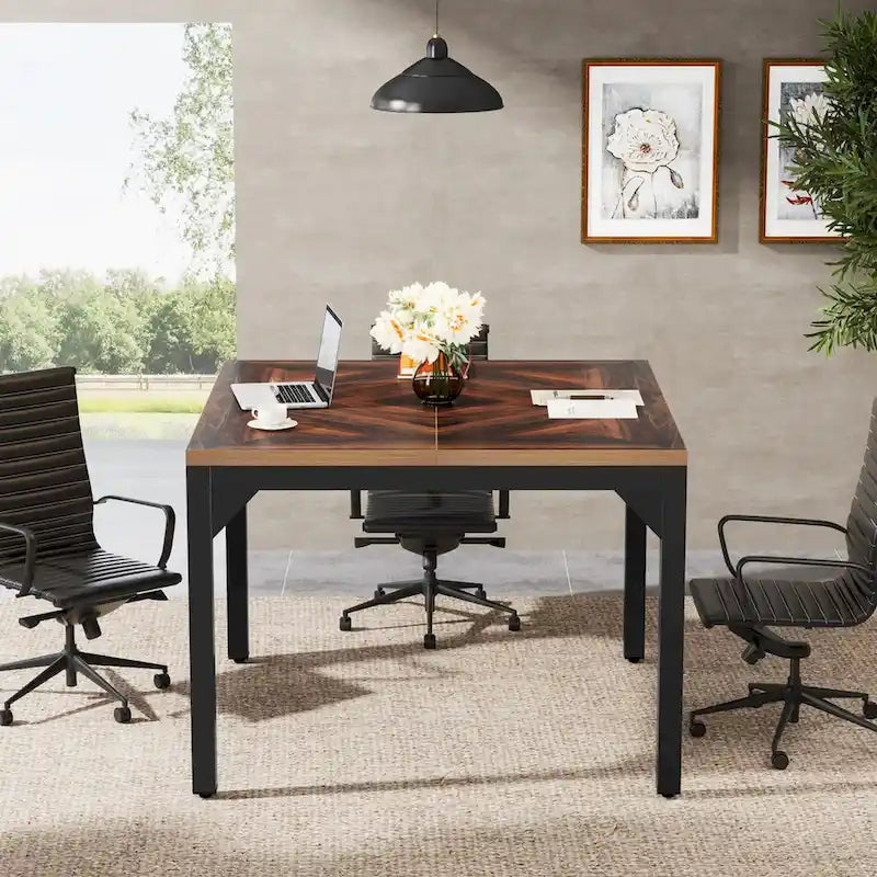 Black & Brown Square Office Desk, Single-Person, Metal Frame, 39" x 39"