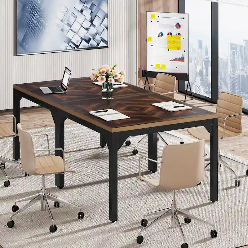 Black & Brown Square Office Desk, Single-Person, Metal Frame, 39" x 39"