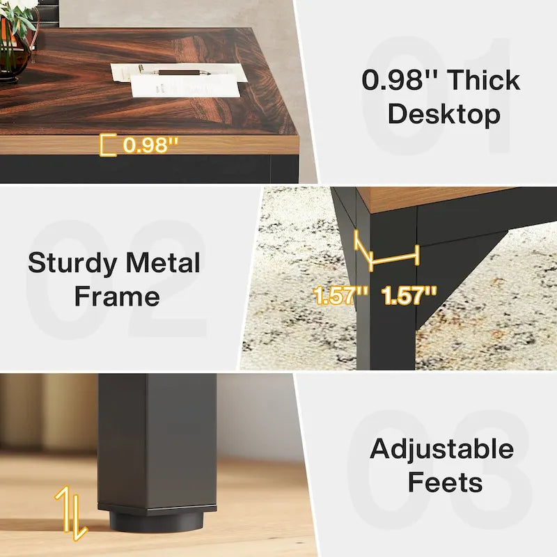 Black & Brown Square Office Desk, Single-Person, Metal Frame, 39" x 39"