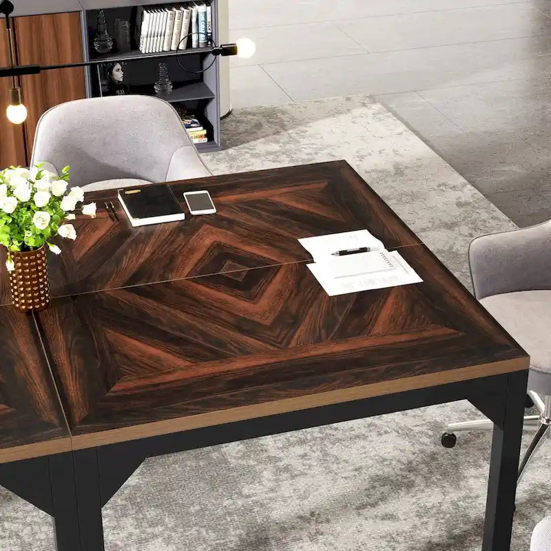 Black & Brown Square Office Desk, Single-Person, Metal Frame, 39" x 39"