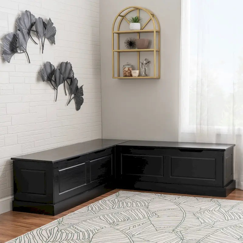 Black Solid Pine 3-Piece Dining Nook Set – Round Table & Storage Bench, Seats 3