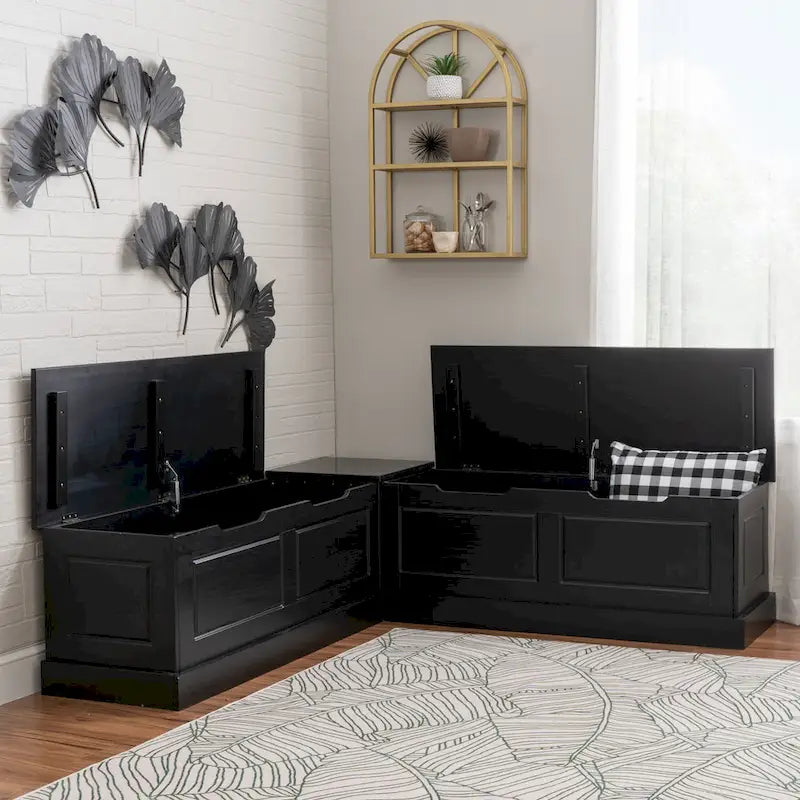 Black Solid Pine 3-Piece Dining Nook Set – Round Table & Storage Bench, Seats 3