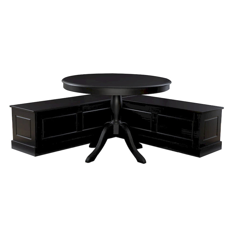 Black Solid Pine 3-Piece Dining Nook Set – Round Table & Storage Bench, Seats 3