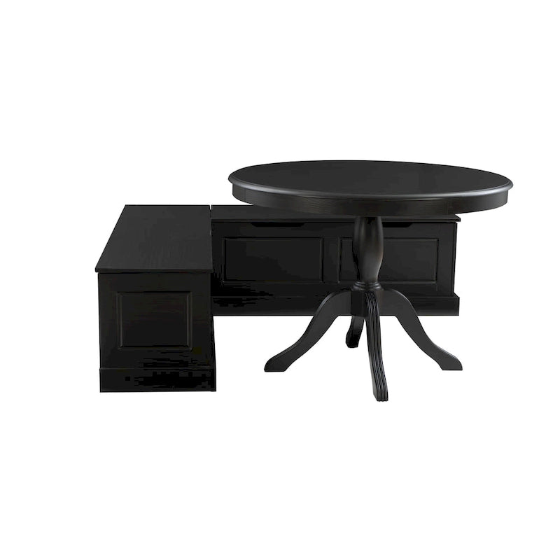 Black Solid Pine 3-Piece Dining Nook Set – Round Table & Storage Bench, Seats 3