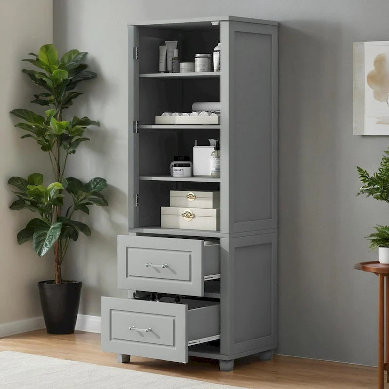 Grey / Black Freestanding Bathroom Storage Cabinet – 2 Drawers & Adjustable Shelf, Single Use