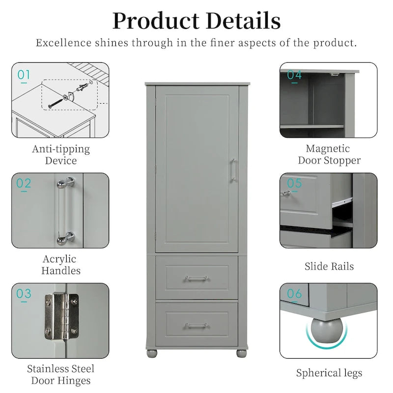 Grey / Black Freestanding Bathroom Storage Cabinet – 2 Drawers & Adjustable Shelf, Single Use