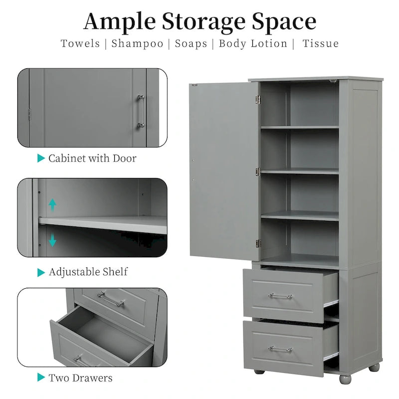 Grey / Black Freestanding Bathroom Storage Cabinet – 2 Drawers & Adjustable Shelf, Single Use
