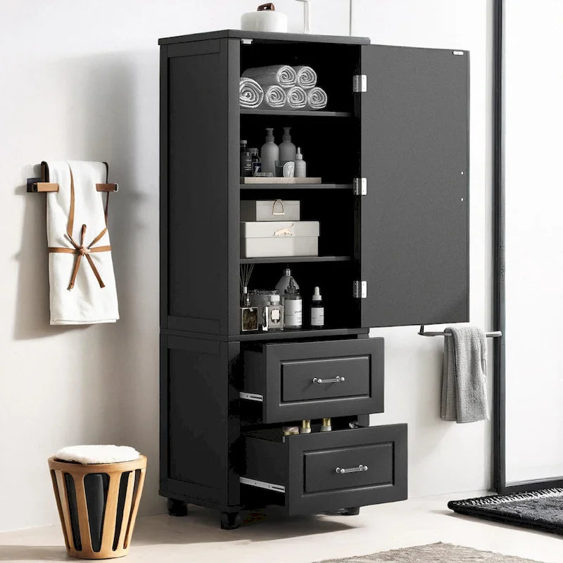 Grey / Black Freestanding Bathroom Storage Cabinet – 2 Drawers & Adjustable Shelf, Single Use