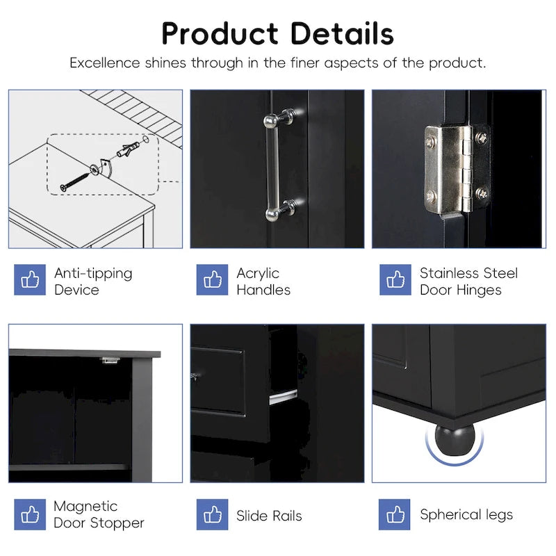 Grey / Black Freestanding Bathroom Storage Cabinet – 2 Drawers & Adjustable Shelf, Single Use