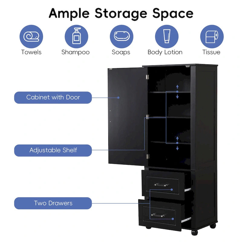 Grey / Black Freestanding Bathroom Storage Cabinet – 2 Drawers & Adjustable Shelf, Single Use