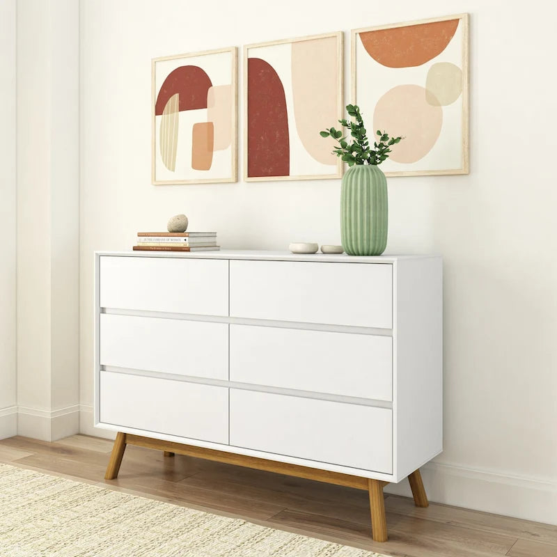 White Mid-Century 6-Drawer Dresser – Solid Wood, 2 Finish Options
