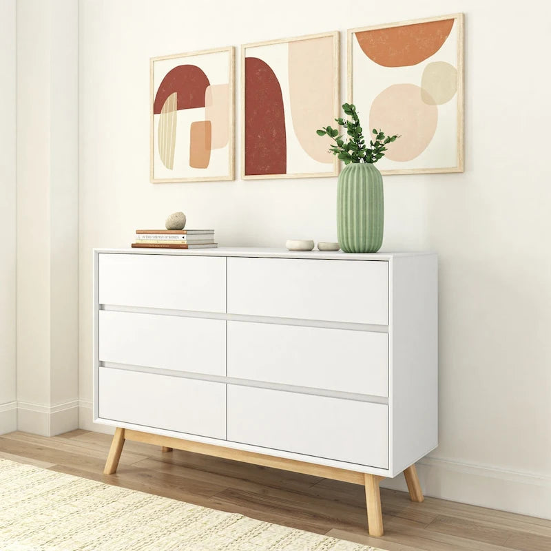 White Mid-Century 6-Drawer Dresser – Solid Wood, 2 Finish Options