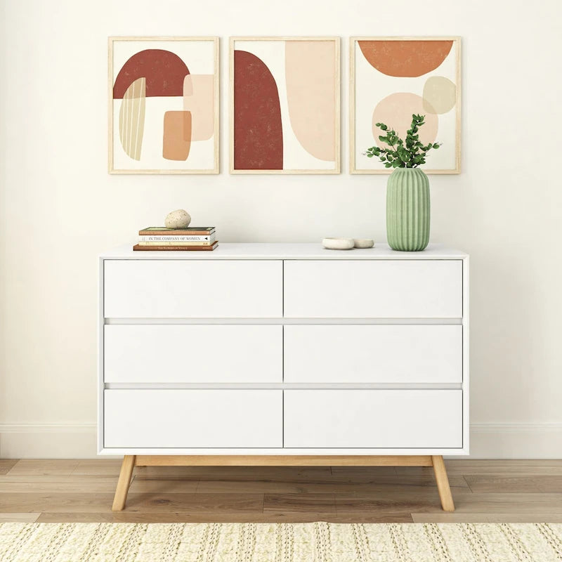 White Mid-Century 6-Drawer Dresser – Solid Wood, 2 Finish Options