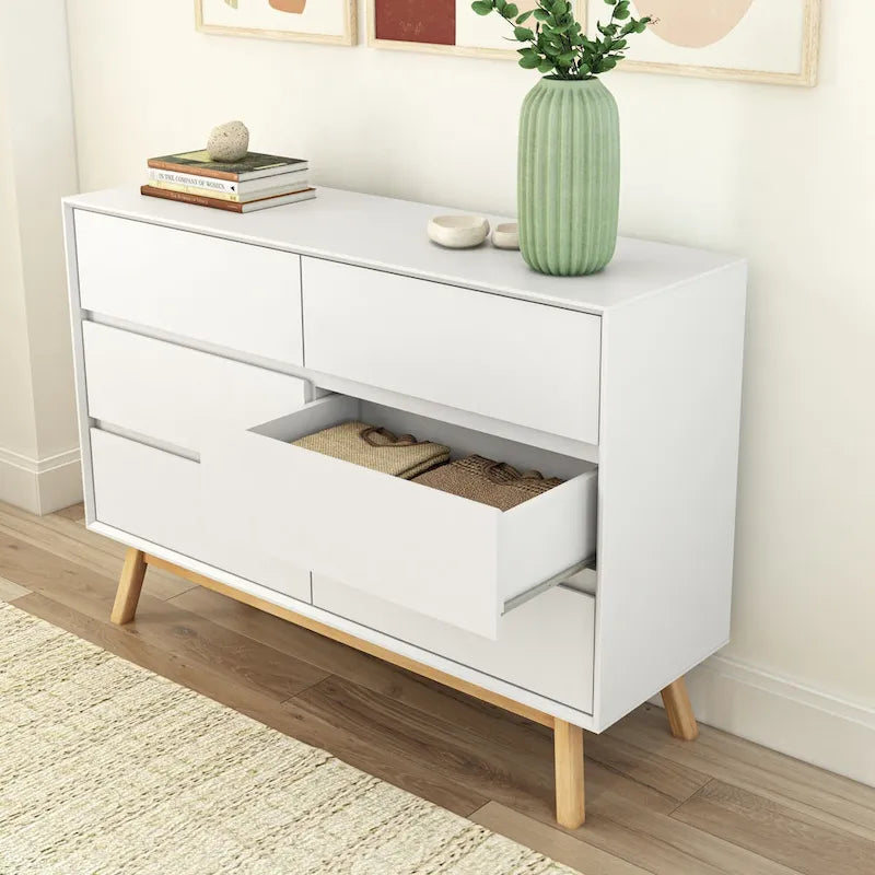 White Mid-Century 6-Drawer Dresser – Solid Wood, 2 Finish Options